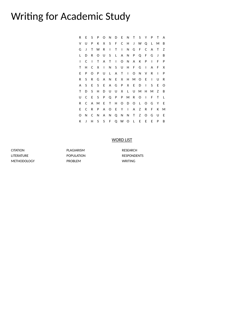 Academic writing word search with research, citation, and plagiarism vocabulary.