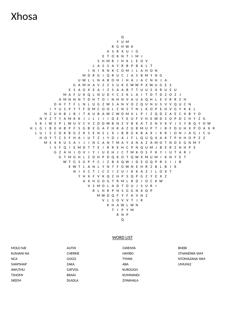 Diamond-shaped Xhosa word search with colloquial words like gogo, braai, and hayibo.