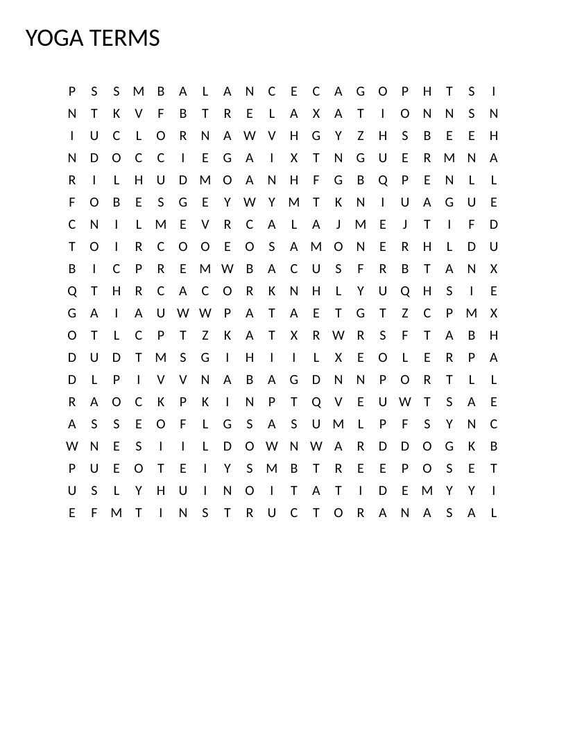 Yoga word search with poses and mindfulness words like downward dog, warrior, and meditation.