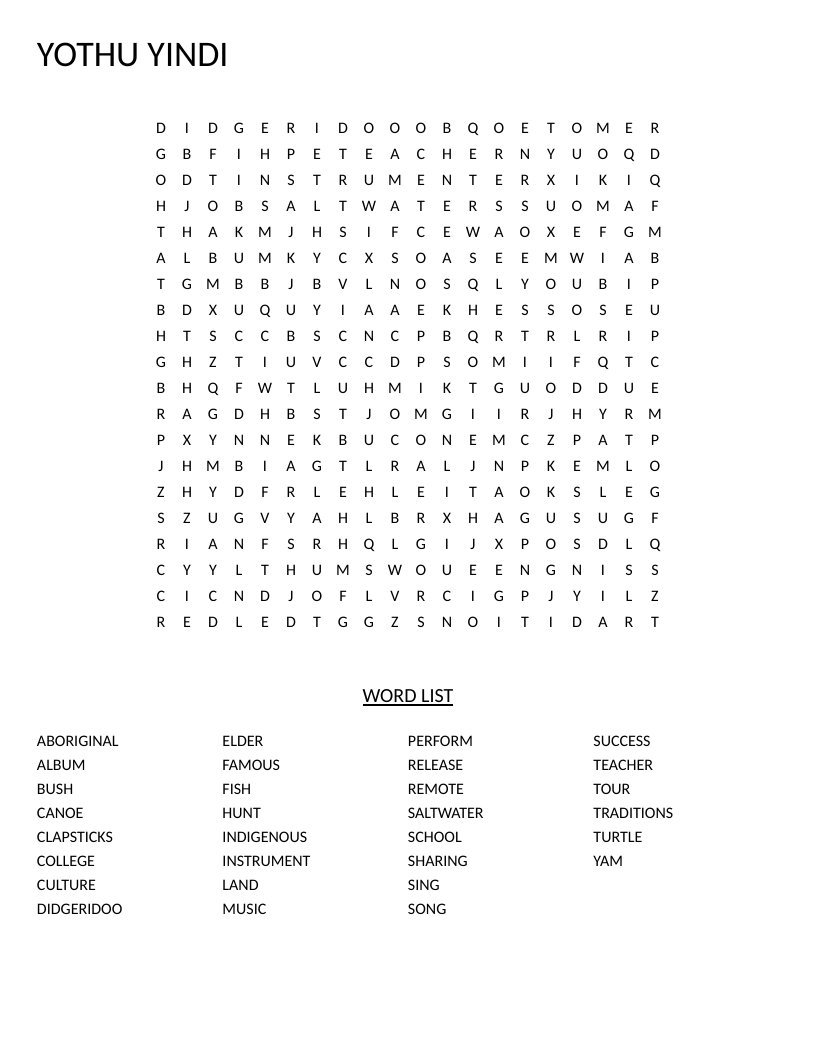 Yothu Yindi word search with Aboriginal music words including didgeridoo, clapsticks, and traditions.