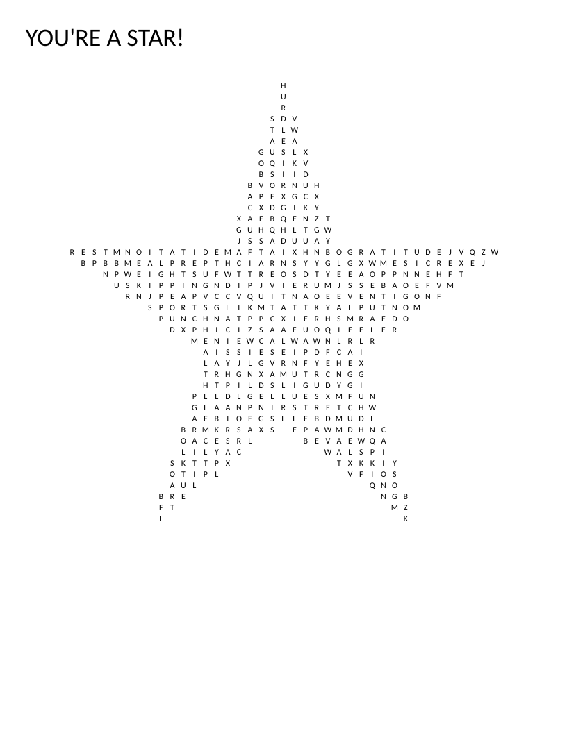 Star-shaped fitness word search with health and exercise words like yoga, starjumps, and mealprep.