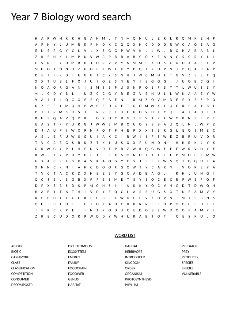 Year 7 biology word search with ecosystem words like predator, photosynthesis, and food chain.