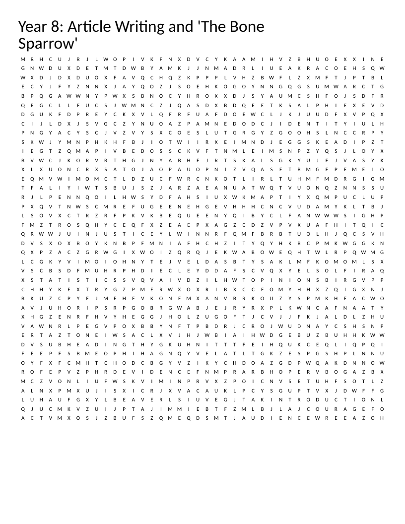 Grade 8 word search with The Bone Sparrow and article-writing vocabulary including persuasive and rhetorical.