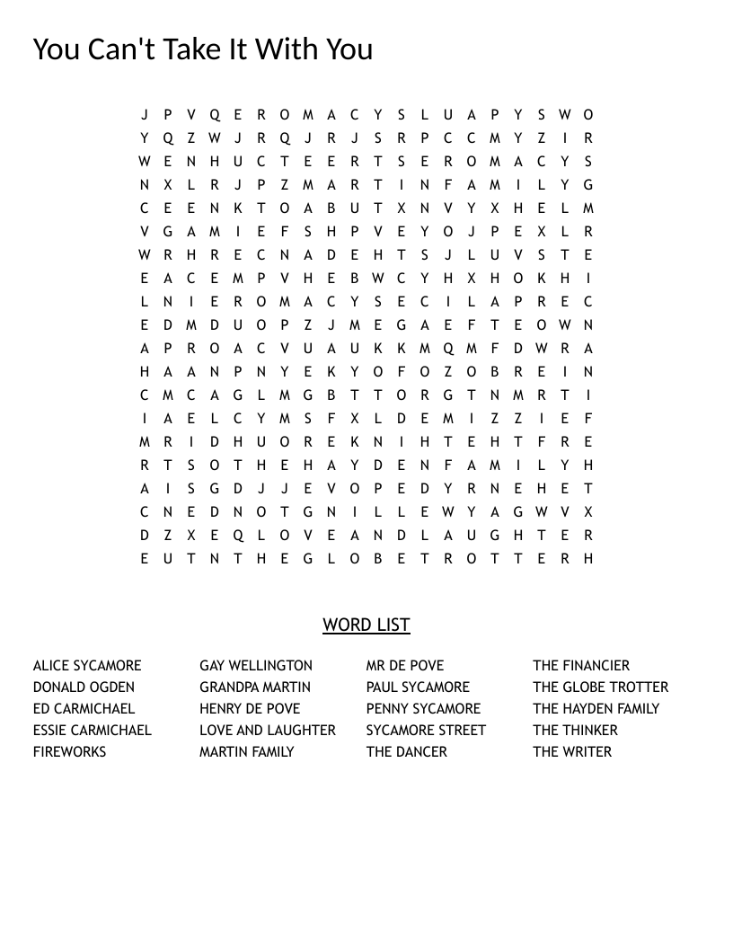 Word search for You Can't Take It With You with character names including Penny Sycamore and Grandpa Martin.
