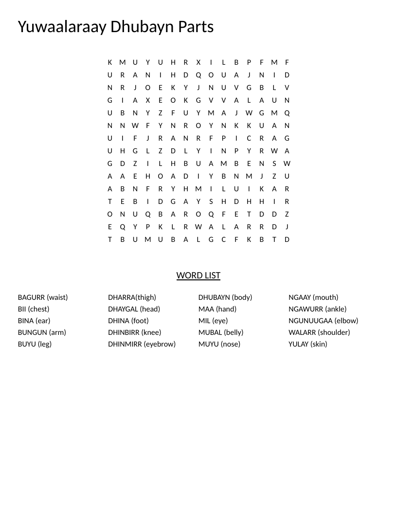 Yuwaalaraay language word search featuring vocabulary from the Dhubayn and body parts.