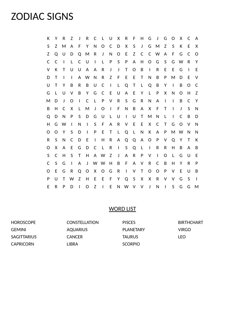Zodiac signs word search with constellations including Sagittarius, Capricorn, and horoscope.