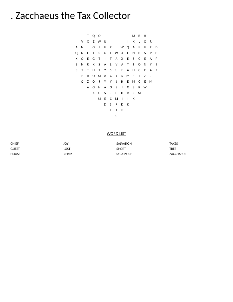 Zacchaeus the Tax Collector word search with heart shape and words like sycamore, salvation, and chief.