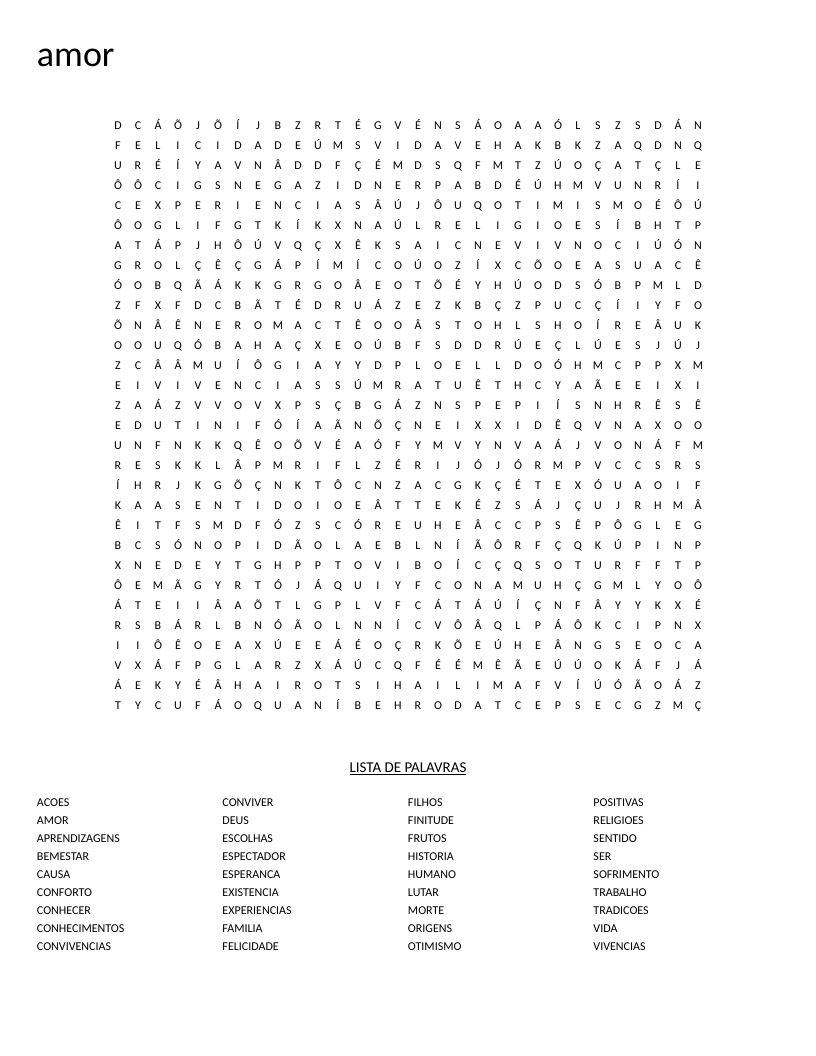 Portuguese word search on meaning and human experience featuring words like amor, family, and happiness.