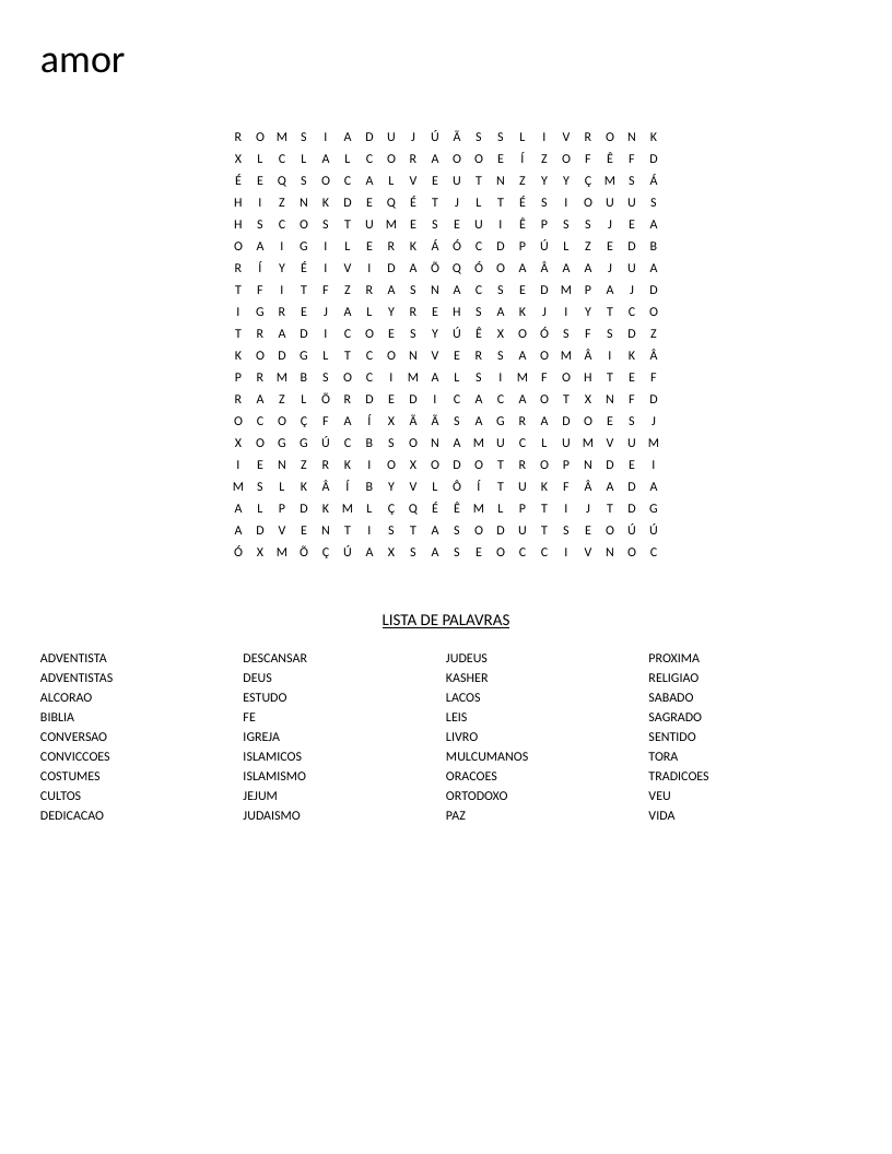 Portuguese word search on world religions: Islam, Judaism, and Seventh-day Adventism with terms like Alcorão, Tora, and kasher.