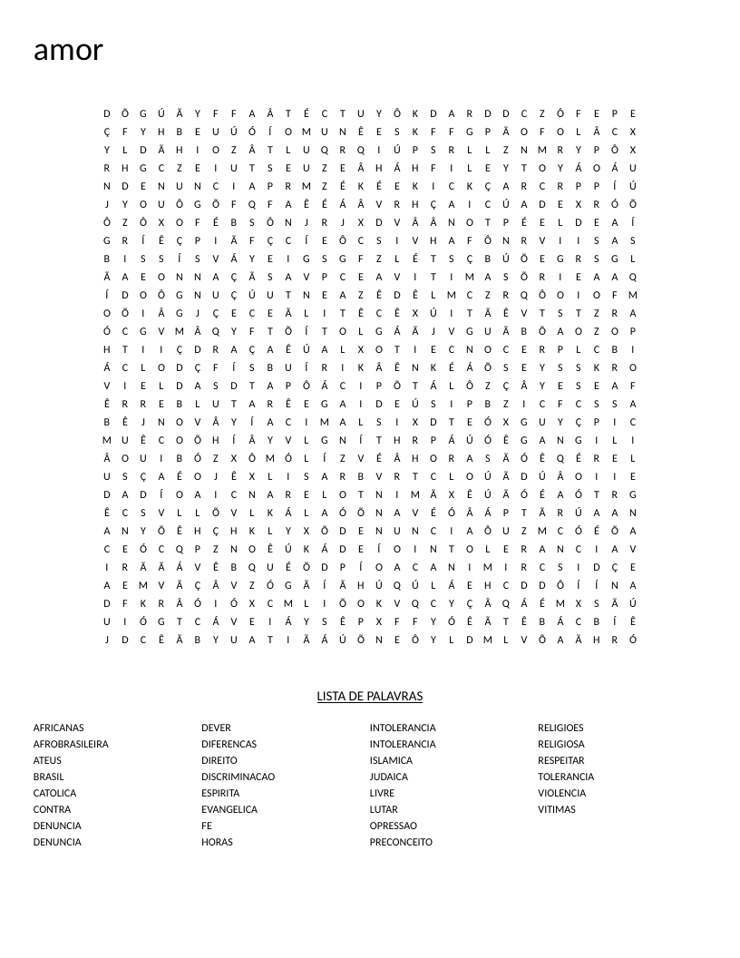 Portuguese word search on religious tolerance with terms like intolerância, religiões africanas, and discriminação.