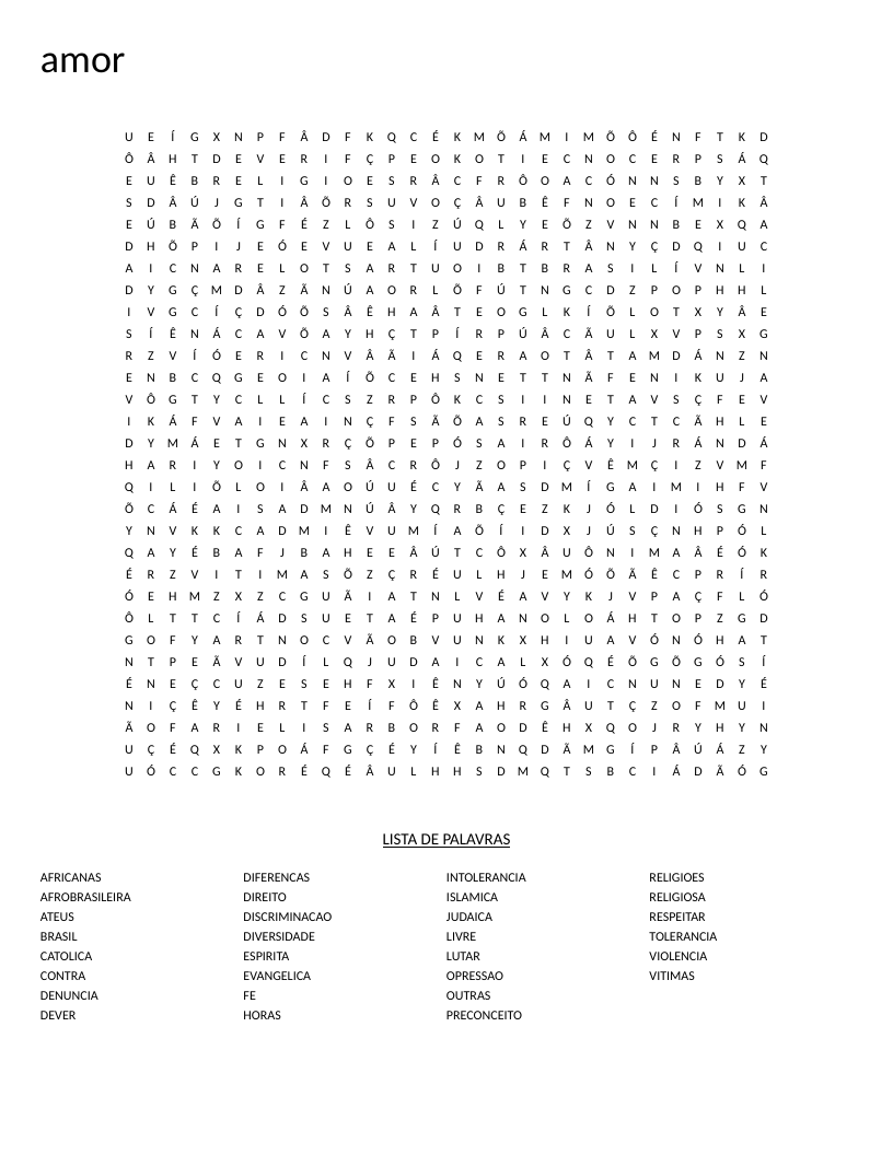 Portuguese word search on religious tolerance with words like intolerância, afrobrasileira, and diversidade.