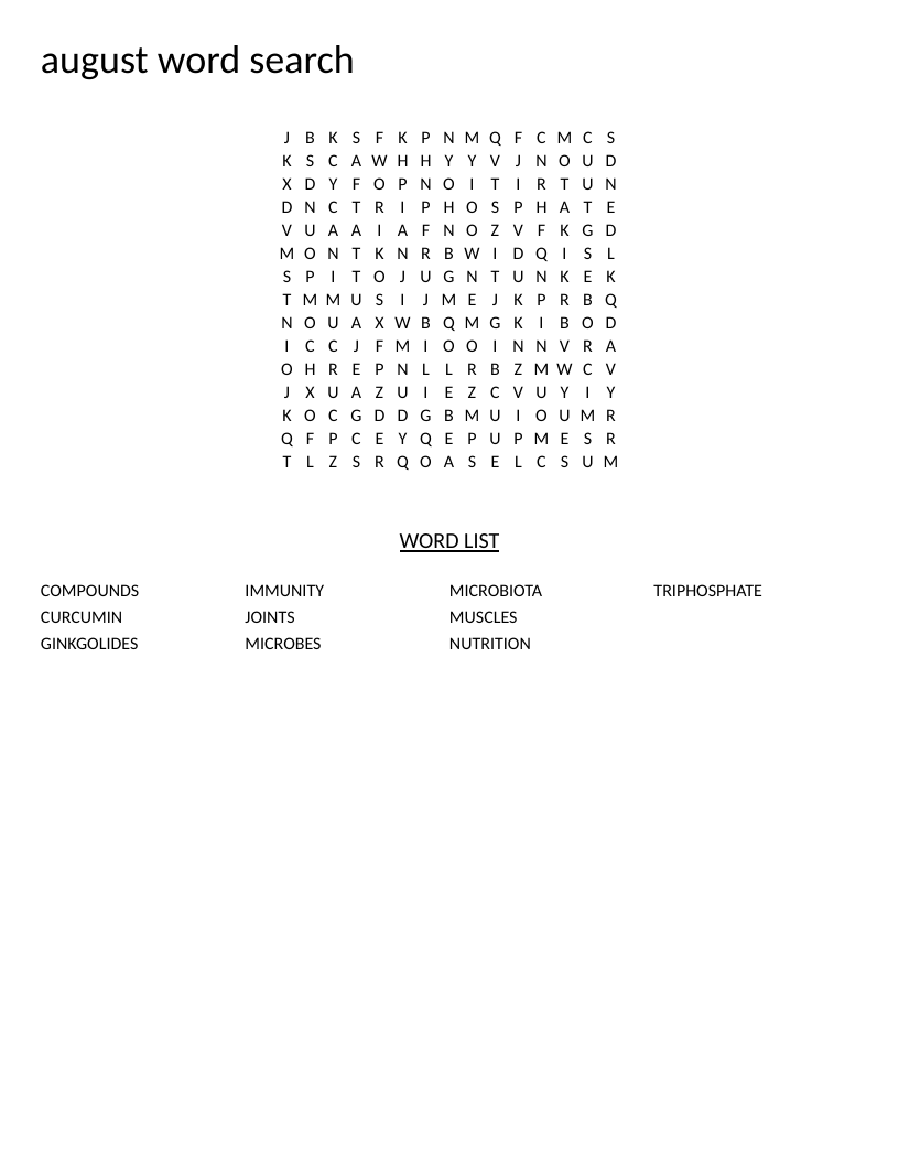 Health and wellness word search with terms like ginkgolides, curcumin, and microbiota.