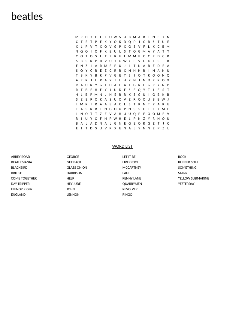 The Beatles word search with songs like Hey Jude, Let It Be, and Abbey Road album.