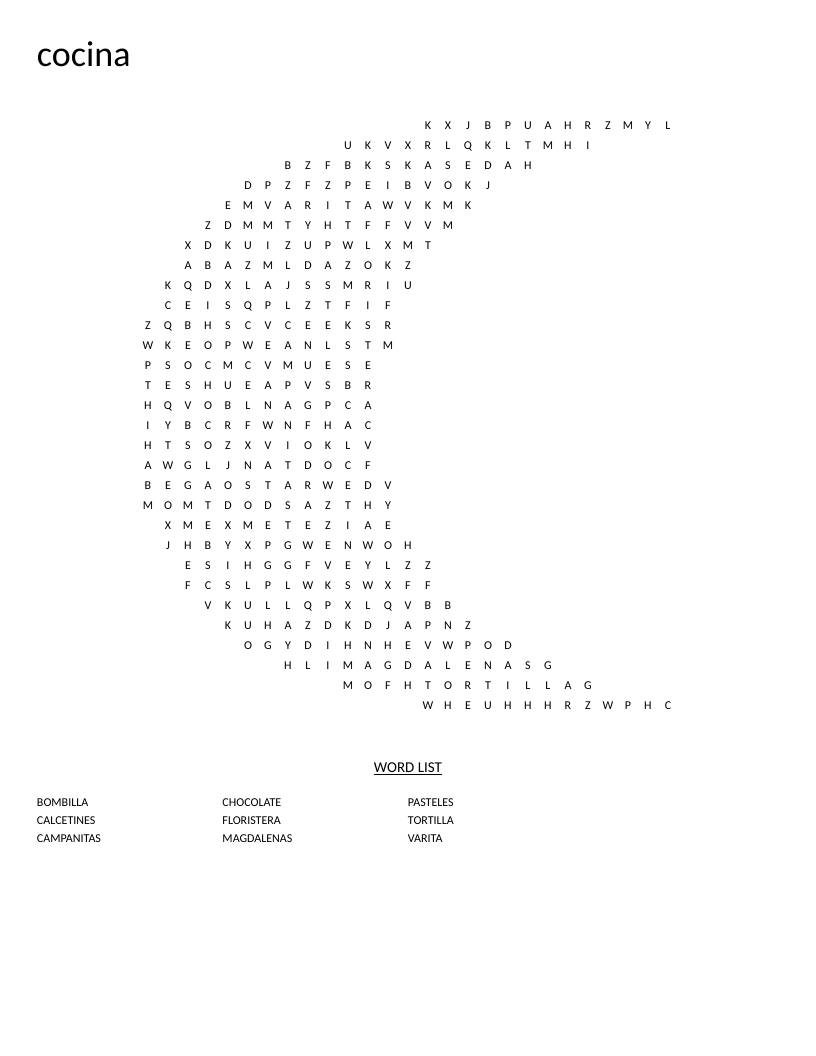 Spanish word search with kitchen and baked goods vocabulary in a moon shape.