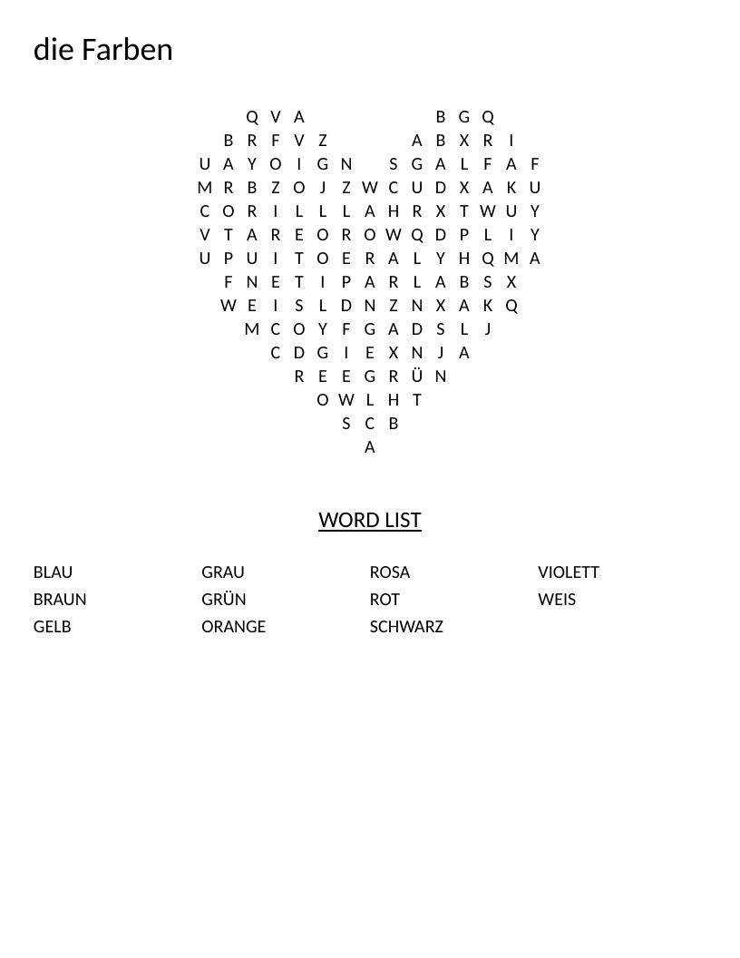 German colors word search with words like blau, rot, and grün in a heart shape.