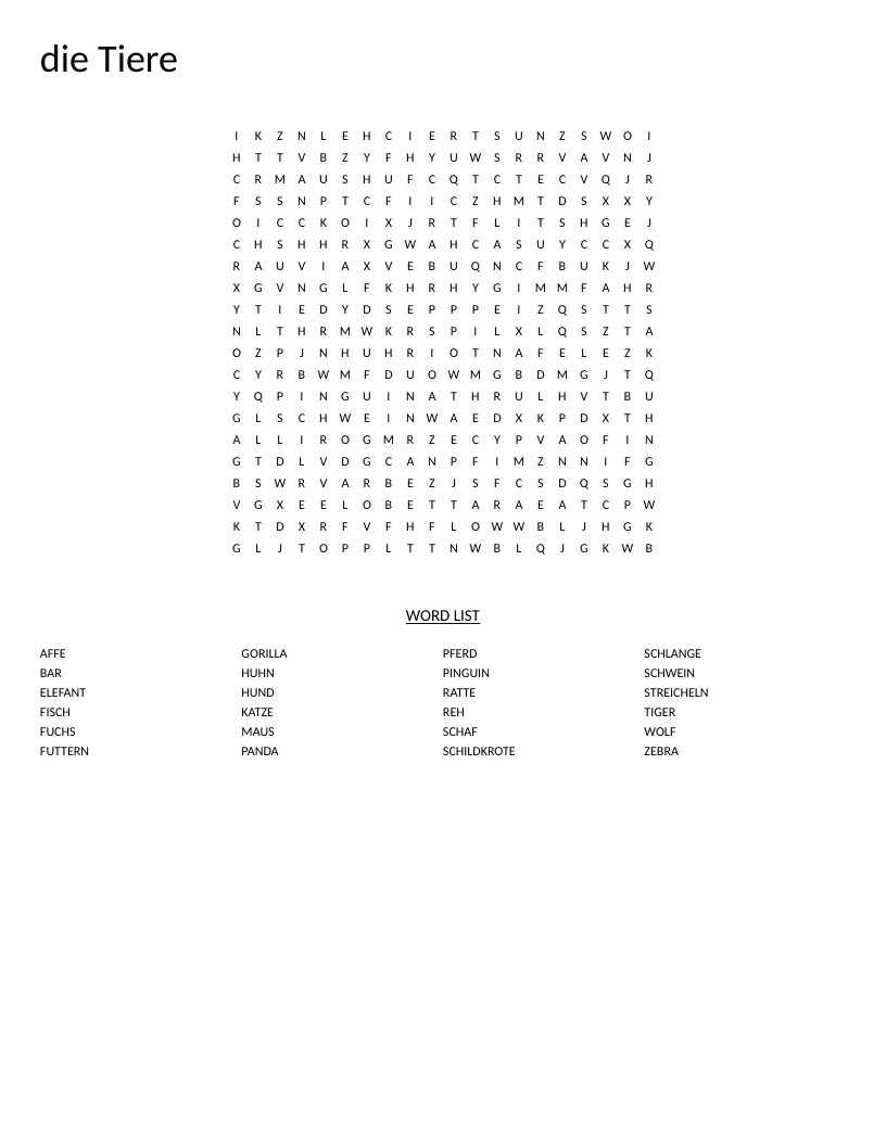German animals word search with words like Katze, Elefant, Pinguin, and Schlange.