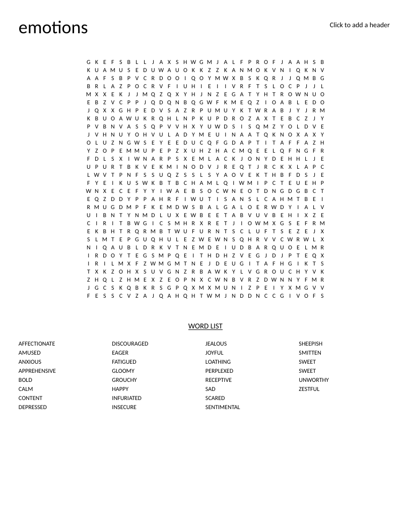 Emotions word search with feeling words like joyful, anxious, content, and jealous.