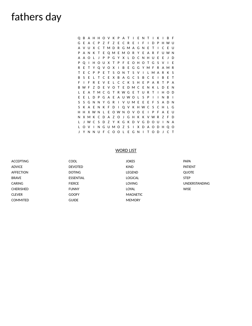 Father's Day word search with words like loyal, caring, papa, and legend.