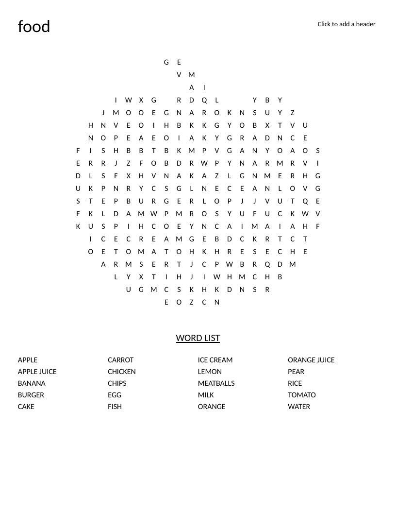 Pumpkin-shaped food word search with words like apple, orange, chicken, and ice cream.