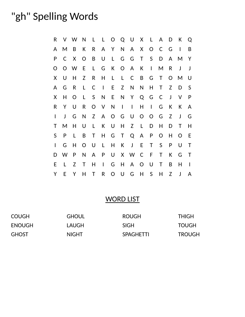 \"gh\" spelling word search with words like laugh, ghost, night, and spaghetti.
