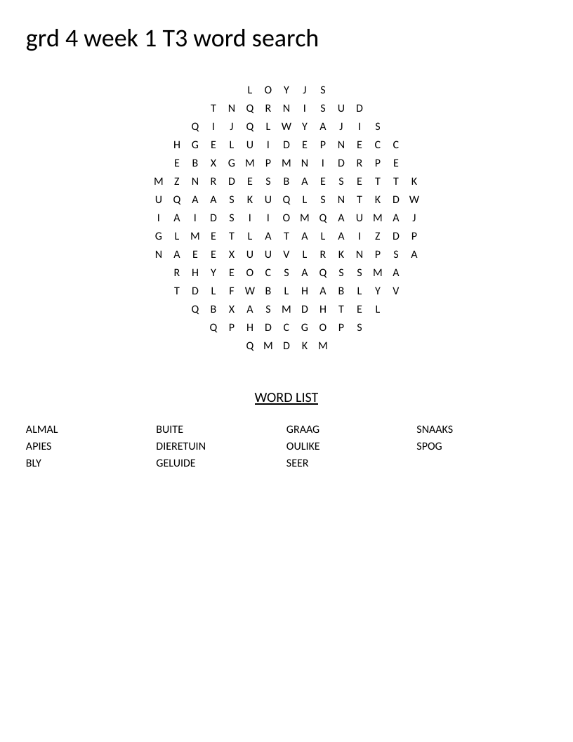 Circle-shaped Grade 4 Afrikaans word search with animal and zoo vocabulary.