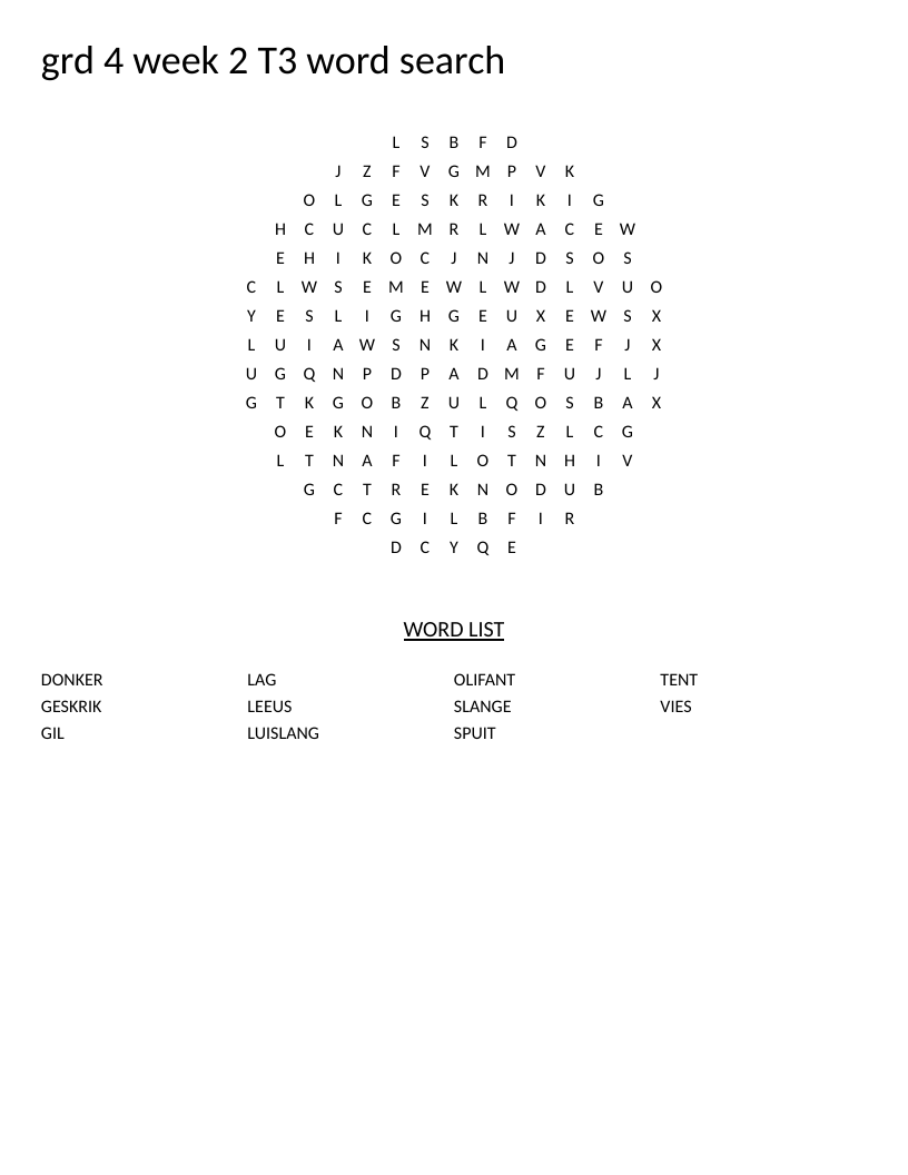 Circle-shaped Afrikaans word search with animal words like leeus, olifant, and slange.