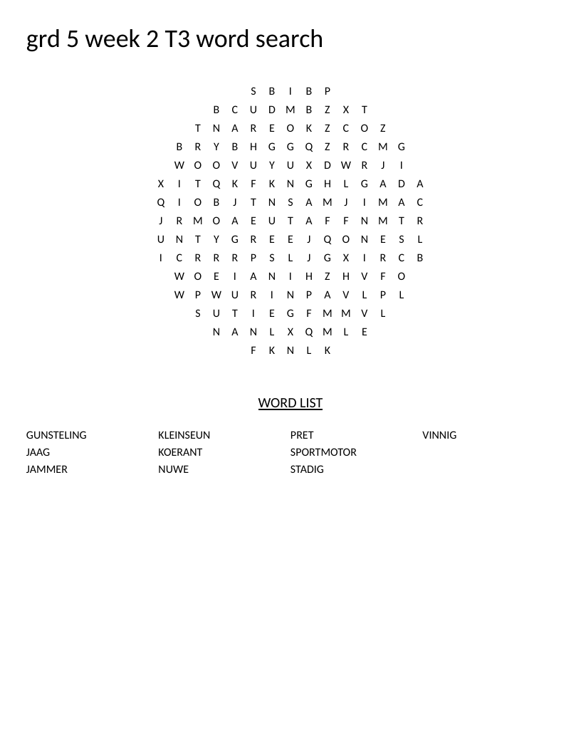 Circle-shaped Grade 5 Afrikaans vocabulary word search with words like vinnig and pret.