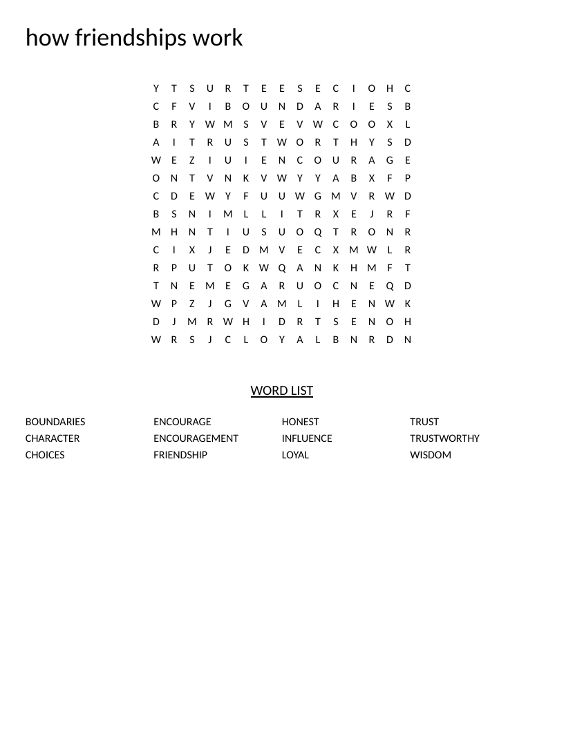 Friendship word search with words including trustworthy, loyal, and encouragement.
