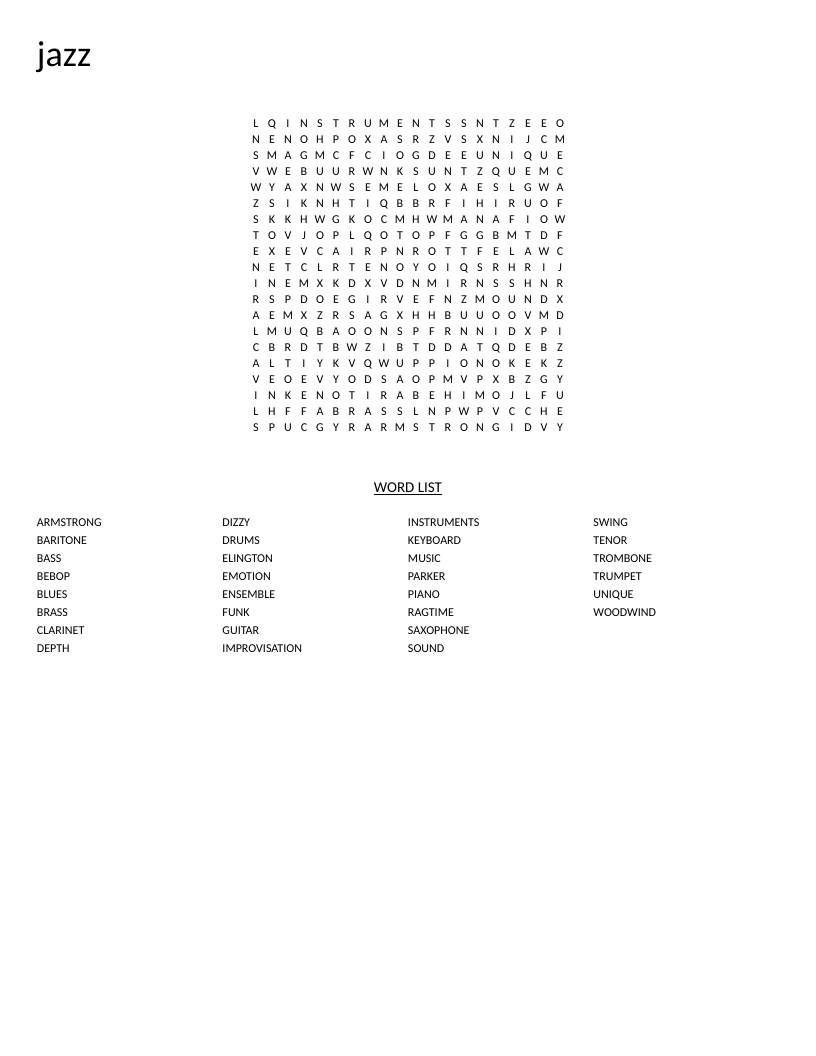 Jazz word search puzzle with words like saxophone, improvisation, bebop, and Armstrong.