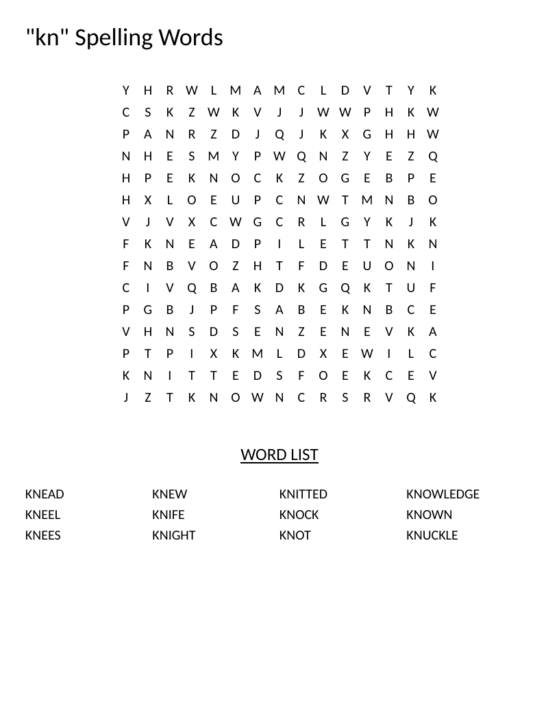 Kn digraph spelling word search with words like knife, knight, and knowledge.