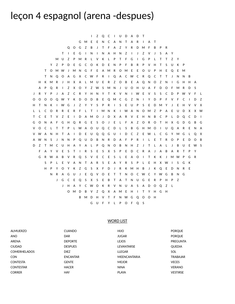 Spanish word search with beach and summer vocabulary like playa, arena, almuerzo, and verano in a circle shape.