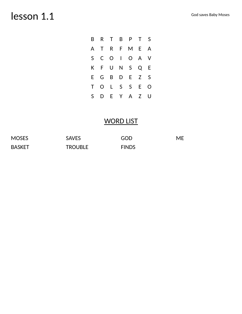 Baby Moses word search with words like basket, God, and saves.