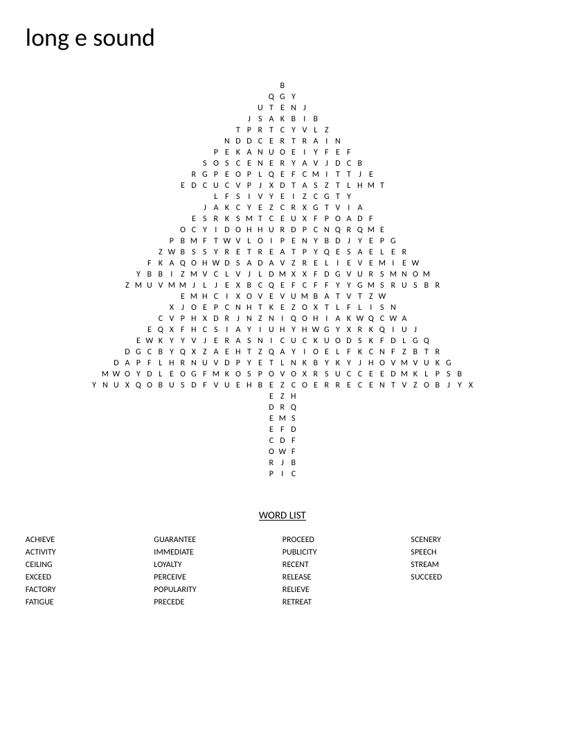 Tree-shaped long E sound word search with words like speech, ceiling, and proceed.