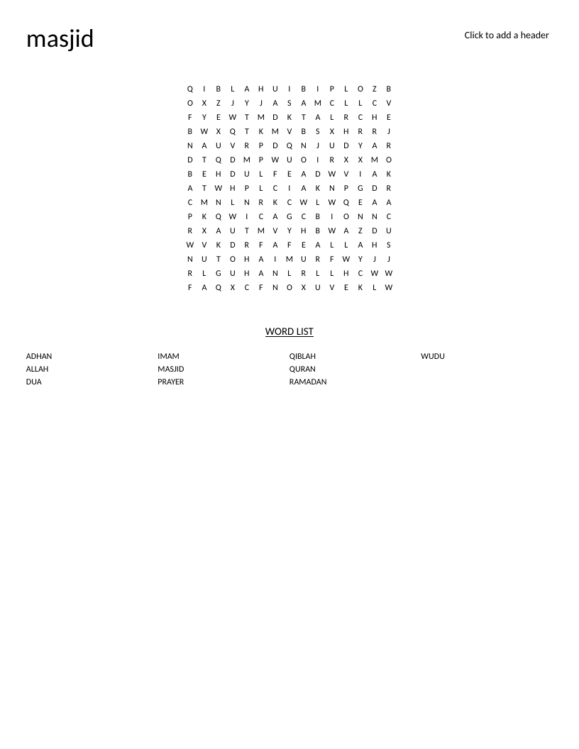 Islamic vocabulary word search with words like masjid, Ramadan, Quran, and wudu.