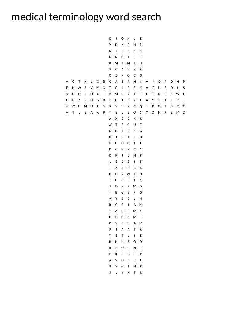 Cross-shaped medical terminology word search with blood cells and anatomical terms.