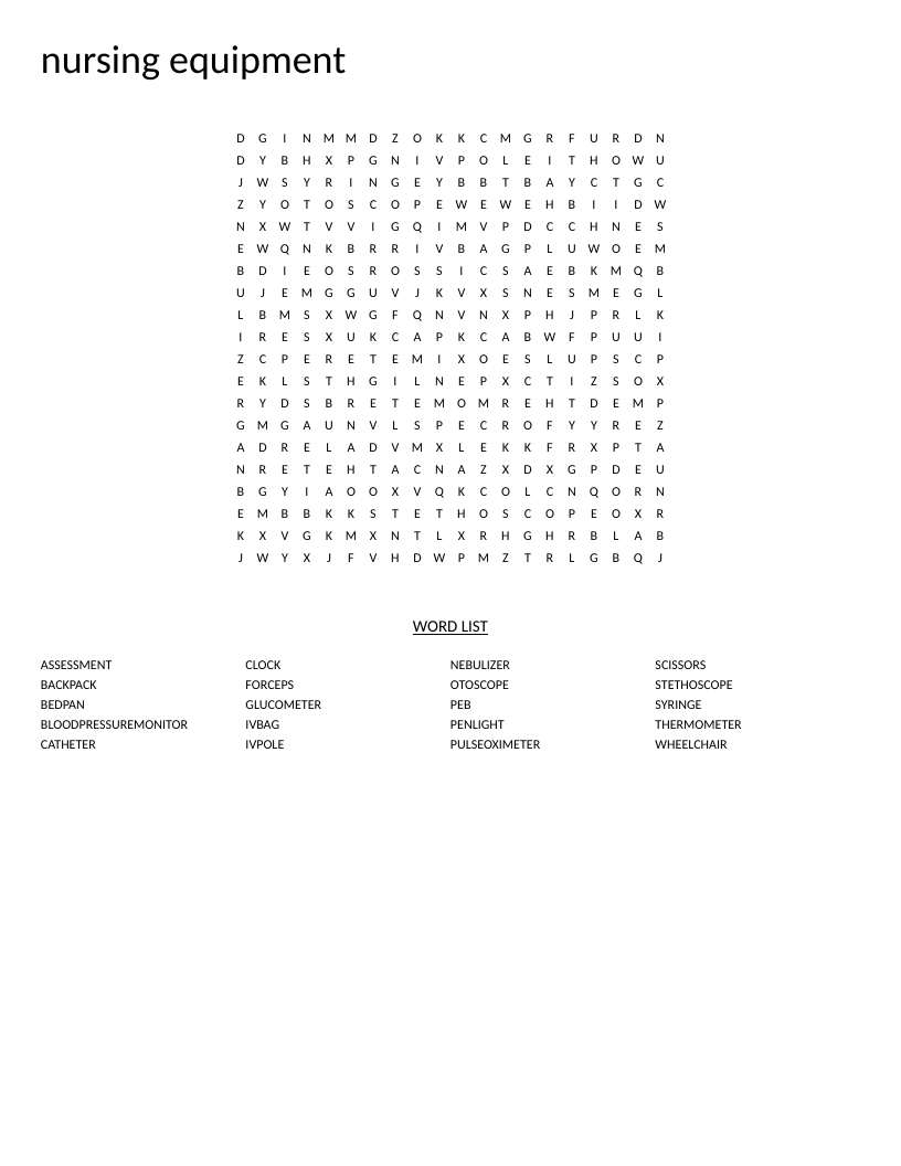 Nursing equipment word search featuring medical tools like stethoscope, syringe, and pulse oximeter.