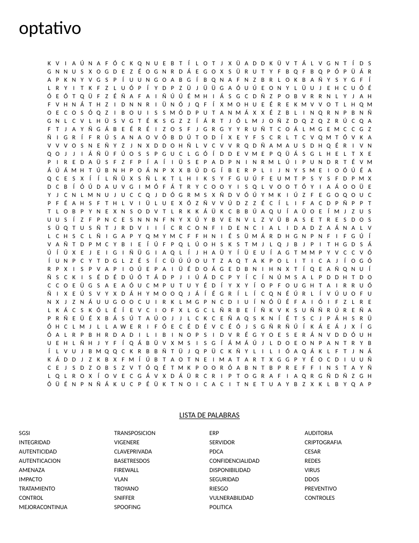 Spanish cybersecurity word search featuring cryptography, firewall, and SGSI security terms.