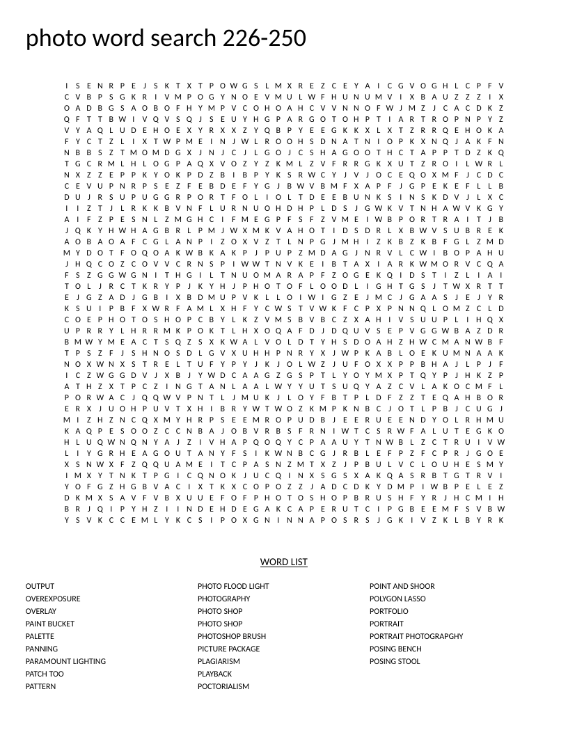 Photography word search featuring Photoshop, overexposure, panning, and studio terms.