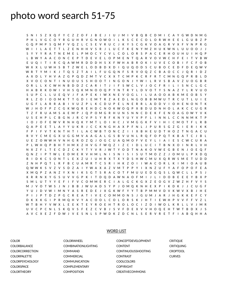 Photography word search with terms like color balance, composition, and curves.