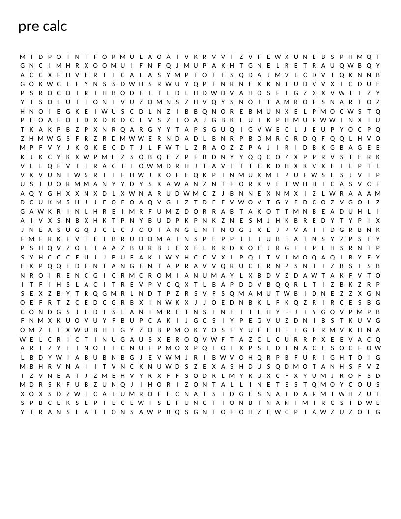 Precalculus word search with vocabulary including unit circle, sine, cosine, and transformations.