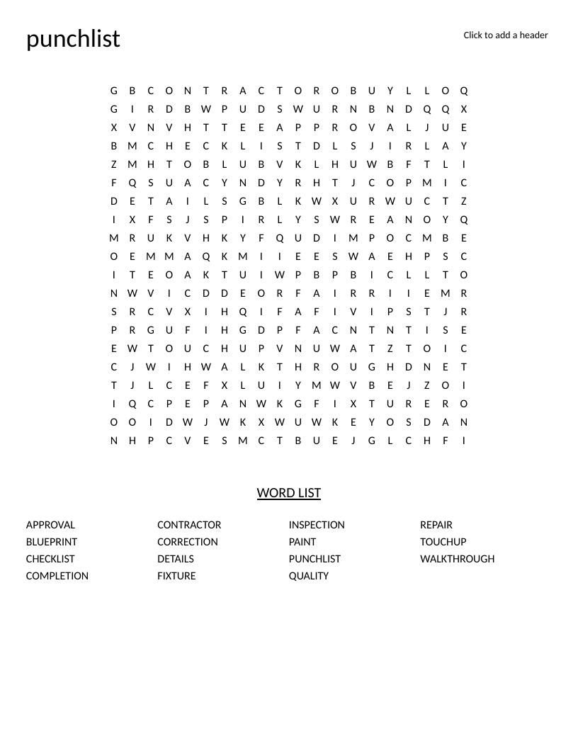 Construction punchlist word search with words like inspection, contractor, and walkthrough.