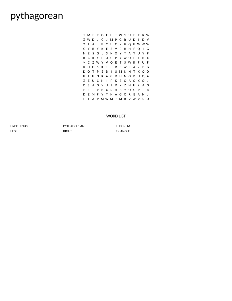 Pythagorean theorem word search with geometry vocabulary including right, triangle, and hypotenuse.