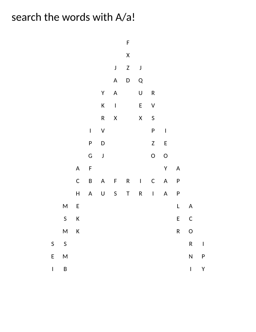 A-shaped word search for letter A with words like apple, acorn, and Africa.
