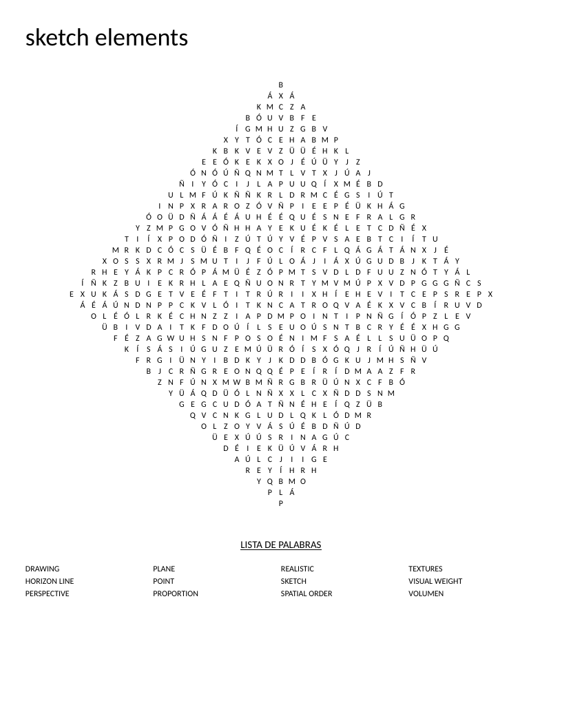 Diamond-shaped sketch elements word search with words like perspective, proportion, and horizon line.
