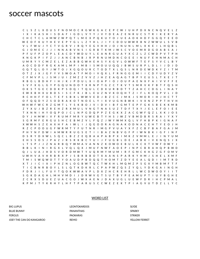 Soccer mascots word search with team names including Blue Bunny and Sparky.