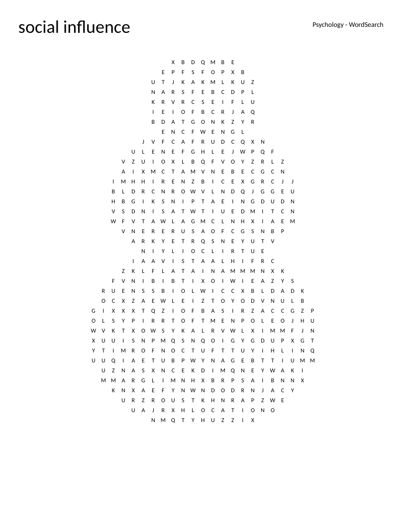 Snowman-shaped social influence word search with psychology terms like Asch, Milgram, and conformity.