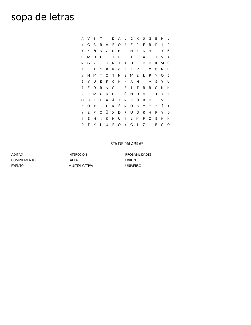 Spanish probability word search with terms like probabilidades, Laplace, and evento.