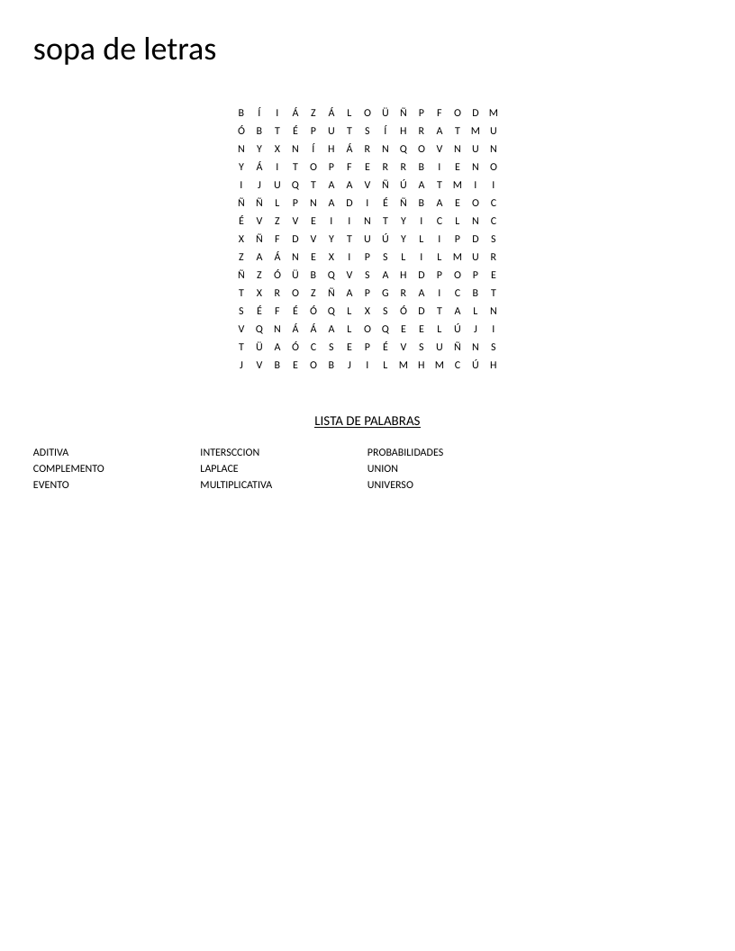 Portuguese probability word search with vocabulary including Laplace, evento, and probabilidades.