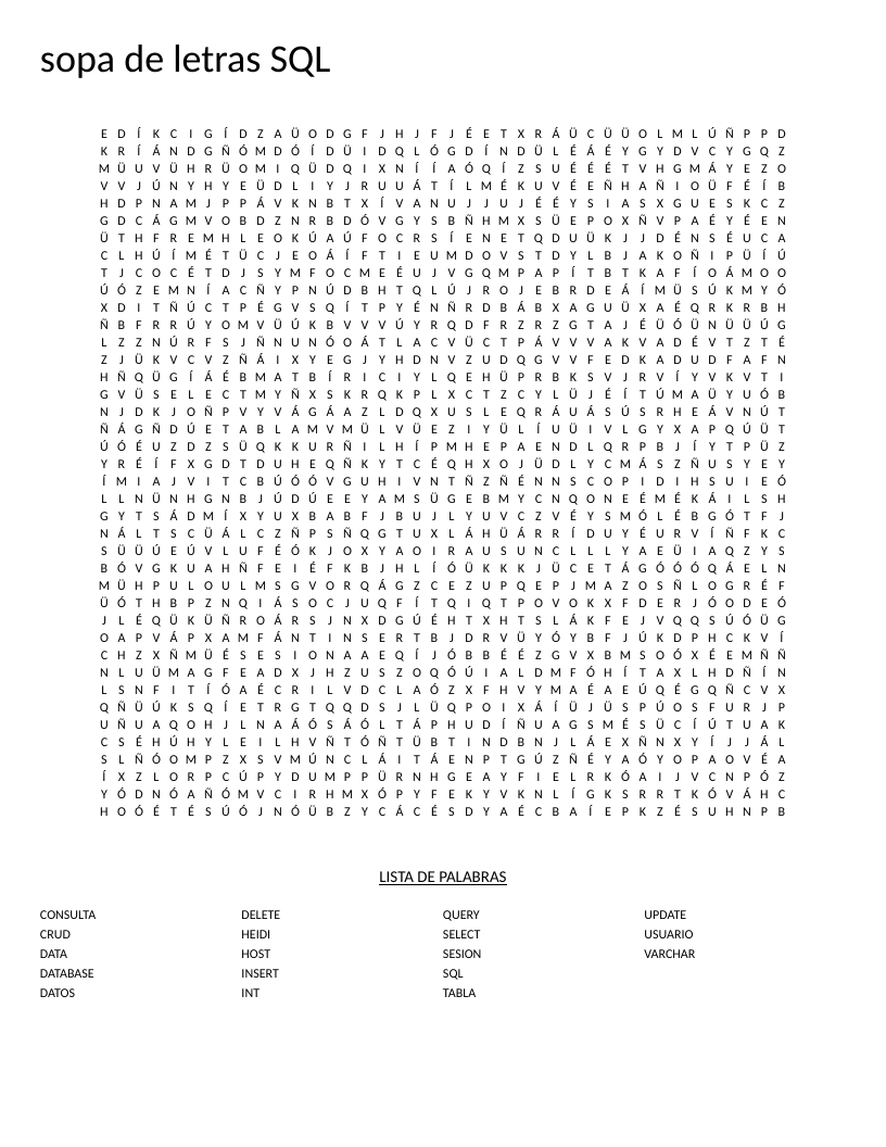 Spanish SQL word search featuring database terms like SELECT, INSERT, UPDATE, and CRUD.