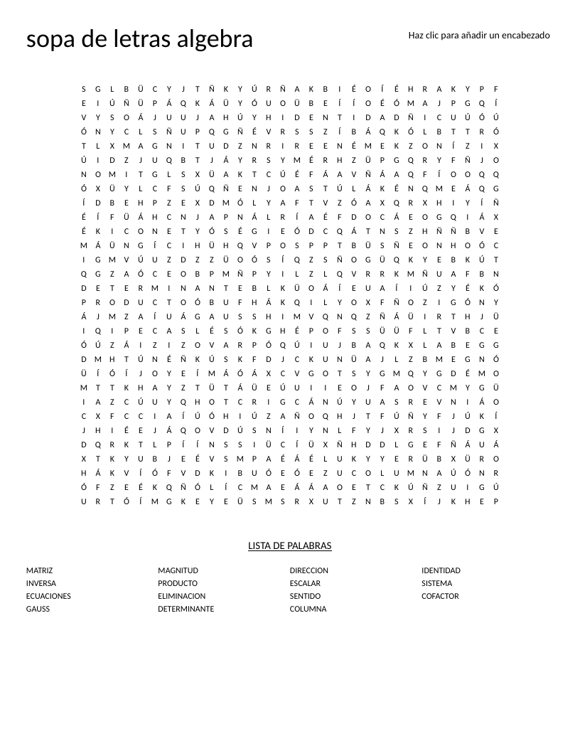 Spanish algebra word search with linear algebra terms like matriz, determinante, and sistema.